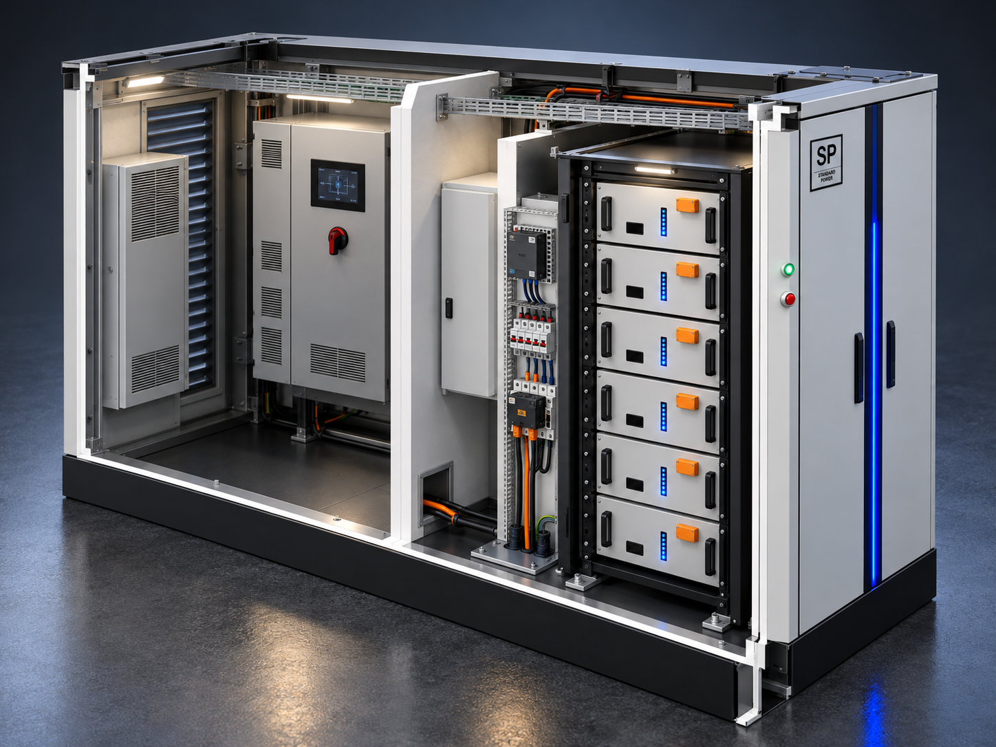 B6 cutaway showing LFP battery modules in the column, DIN rail switchgear and the PCS in the plant cell