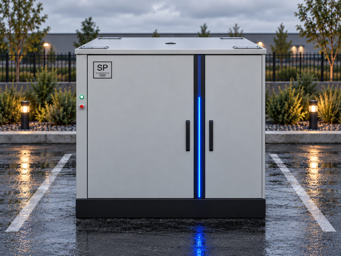 B6 battery cabinet front elevation with SP badge and blue light bar in a parking stall at dusk