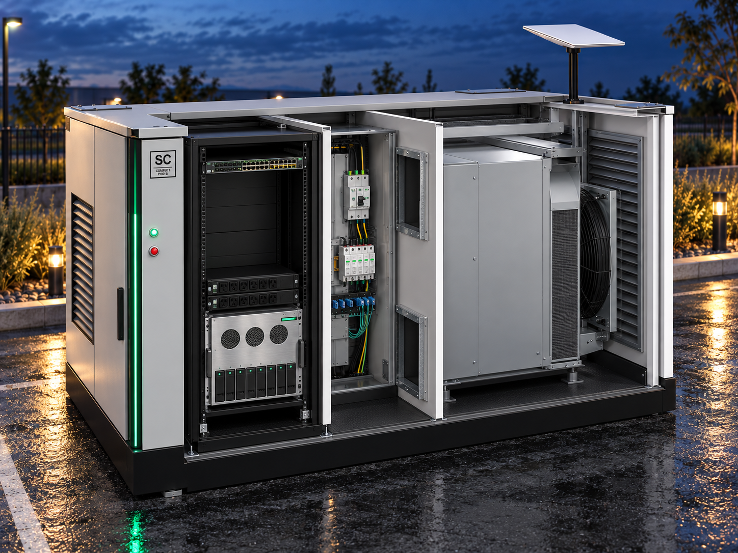 C6 cutaway showing the 8-GPU node, PDUs and network switch in the rack column beside the cooling unit