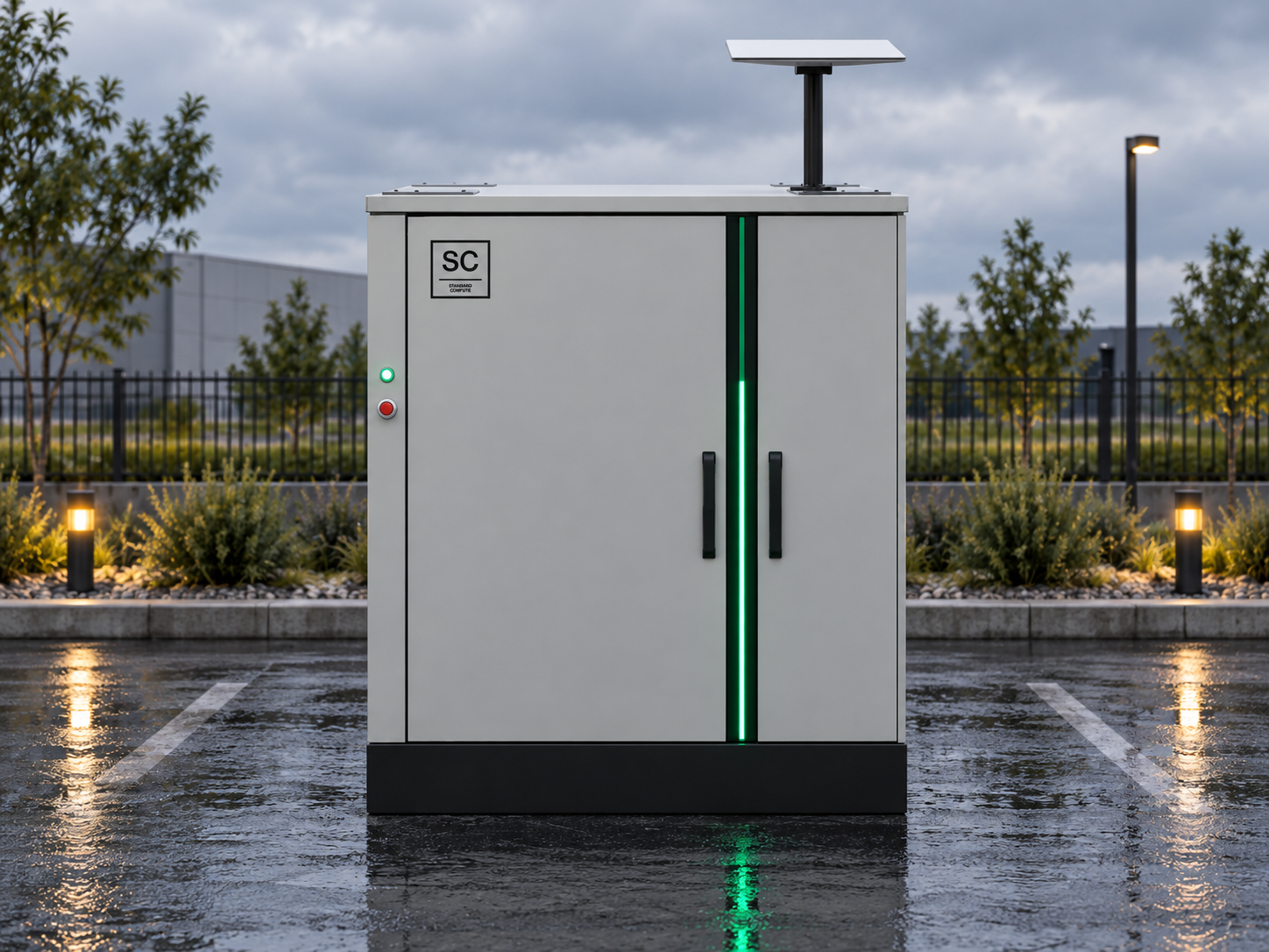 C6 compute cabinet front elevation with SC badge, green light bar and a Starlink dish on the roof