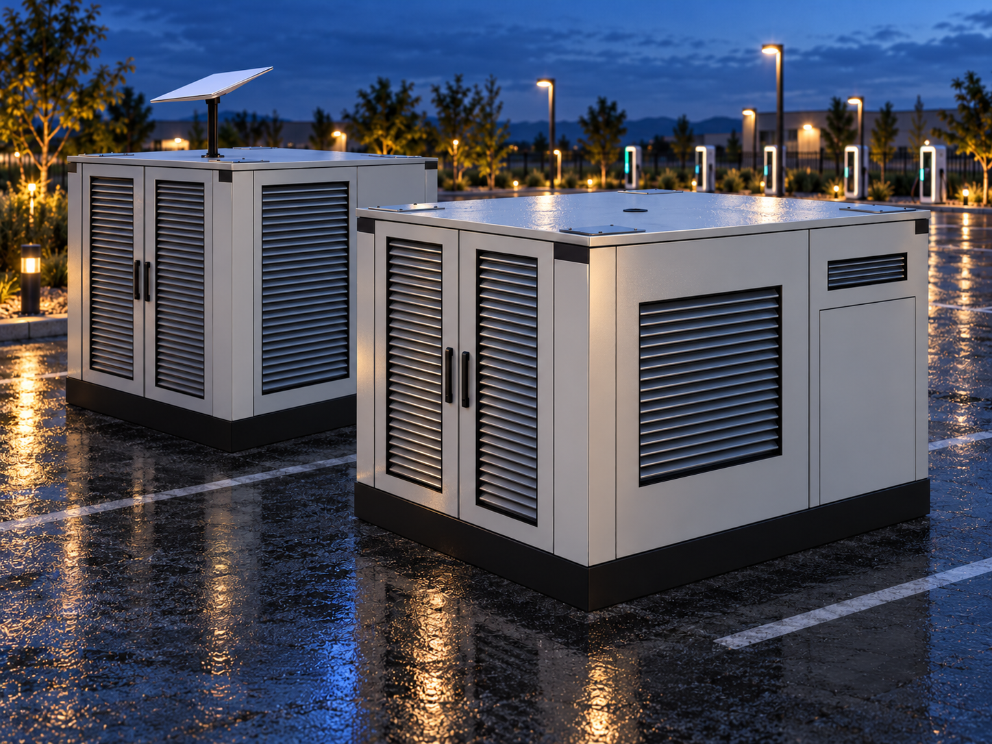 A pair of Pod-S cabinets, rear service side with louvered leaves, on a wet parking lot at night next to EV chargers